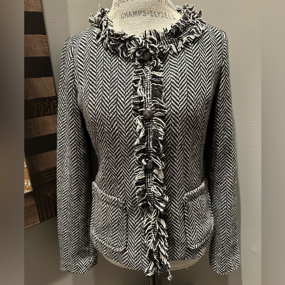 Cynthia Rowley Black & White Tweed Fringed Edge Blazer EUC